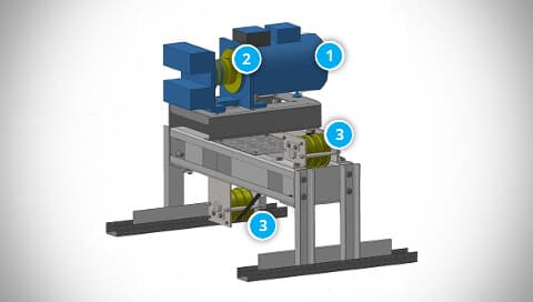 Schematic of an elevator machine frame with a traction pulley and deflection pulleys