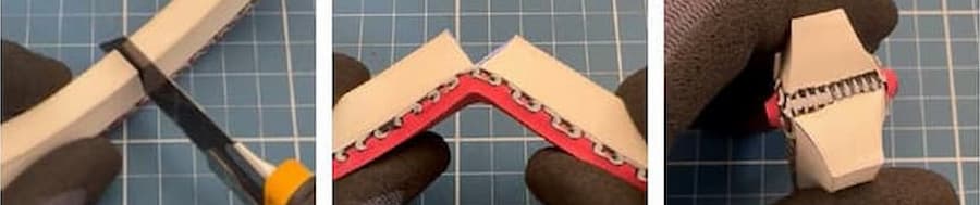 Mark the cutting point on the back of the belt and cut through the V-guide down to the mesh. Gently open the belt. The double-spiral clamp becomes visible.