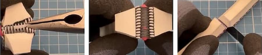 Use a pick to pry out the connecting pin. Grab it with pliers and slowly pull it out. Fully open the belt, then carefully cut the coating of the belt.